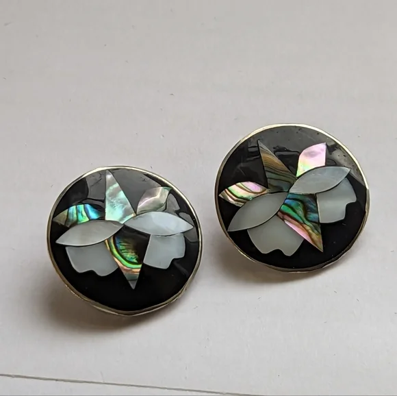 Abalone Earrings Alpaca Mexico Floral clip on vintage mother of pearl - Picture 5 of 8